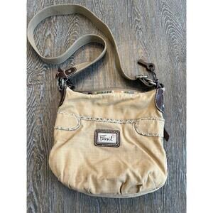Fossil Vintage Fabric Handbag Canvas Pockets Crossbody Shoulder Bag Tan